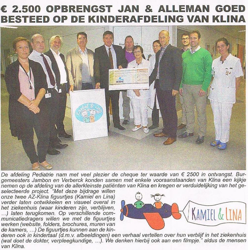 cheque J&A aan kinderafdeling Klina