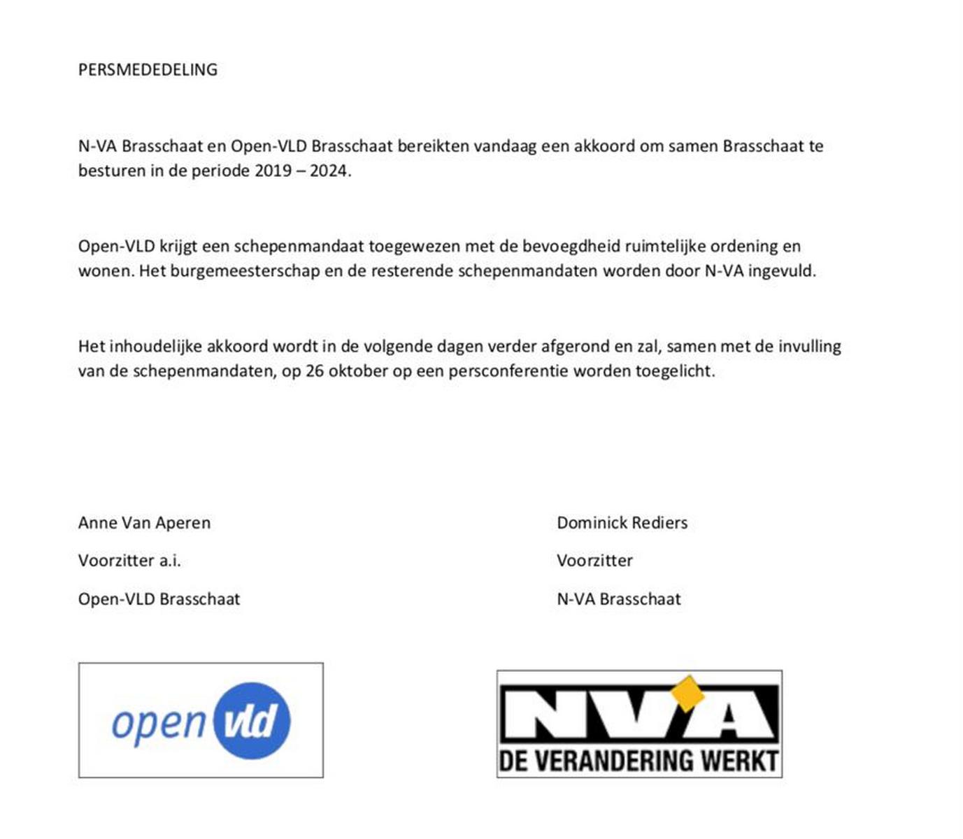 persmededeling O-VLD/N-VA